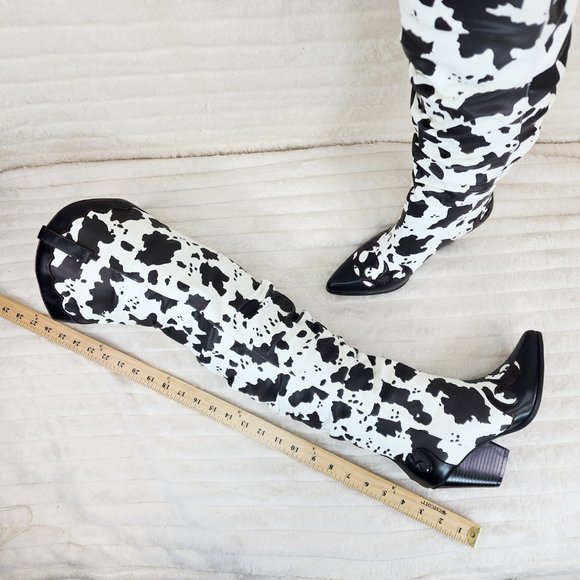 Western White & Black Cow Print OTK Thigh High Slouch Cowboy Boots - Picture 12 of 13